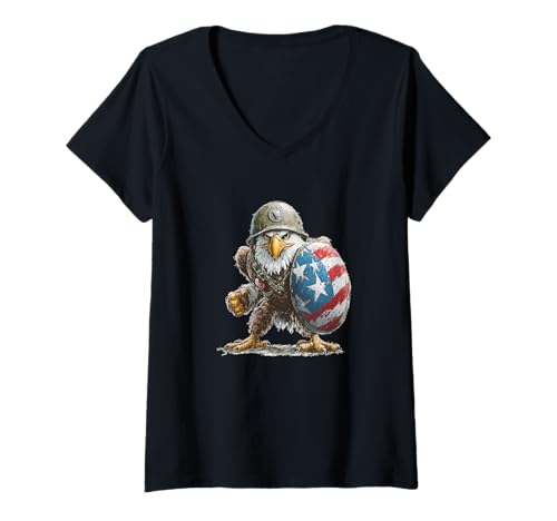 Damen Toller Adler im Soldaten-Look mit Amerika-Schild T-Shirt mit V-Ausschnitt von Military Eagle Outfit