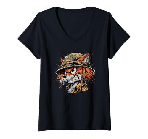 Damen Cooles Battle Fox Kostüm mit Militärhelm für Soldaten T-Shirt mit V-Ausschnitt von Military Fox Outfit