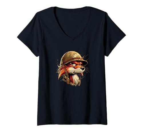 Damen Patriotischer Fuchs in Militärkleidung und Helm T-Shirt mit V-Ausschnitt Damen Patriotischer Fuchs in Militärkleidung und Helm T-Shirt mit V-Ausschnitt von Military Fox Outfit