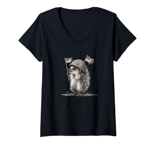 Damen Cooler Igel mit USA-Flaggen-Look T-Shirt mit V-Ausschnitt Damen Cooler Igel mit USA-Flaggen-Look T-Shirt mit V-Ausschnitt von Military Hedgehog Outfit