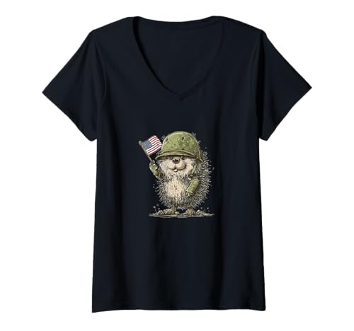 Damen Hübscher Igel mit militärischer Mission T-Shirt mit V-Ausschnitt Damen Hübscher Igel mit militärischer Mission T-Shirt mit V-Ausschnitt von Military Hedgehog Outfit
