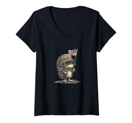 Damen Igel im Militär Look mit patriotischem Helm und Fahne T-Shirt mit V-Ausschnitt Damen Igel im Militär Look mit patriotischem Helm und Fahne T-Shirt mit V-Ausschnitt von Military Hedgehog Outfit