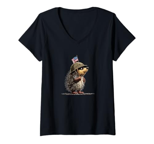Damen Lustiger Igel mit Militärhelm für US-Farbenliebhaber T-Shirt mit V-Ausschnitt von Military Hedgehog Outfit