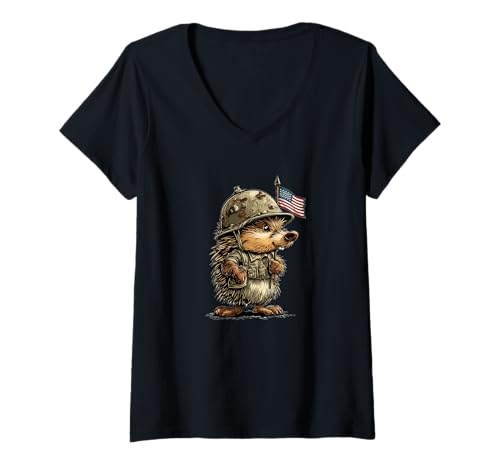 Damen Patriotischer Igel mit USA-Flagge und coolem Helm T-Shirt mit V-Ausschnitt Damen Patriotischer Igel mit USA-Flagge und coolem Helm T-Shirt mit V-Ausschnitt von Military Hedgehog Outfit