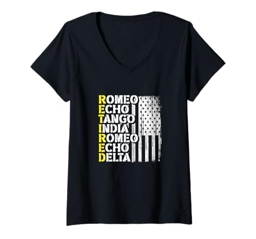 Damen Militärisches Phonetisches Alphabet im Ruhestand, USA, patriotisch T-Shirt mit V-Ausschnitt von Military Retirement USA Flag Retired Soldier