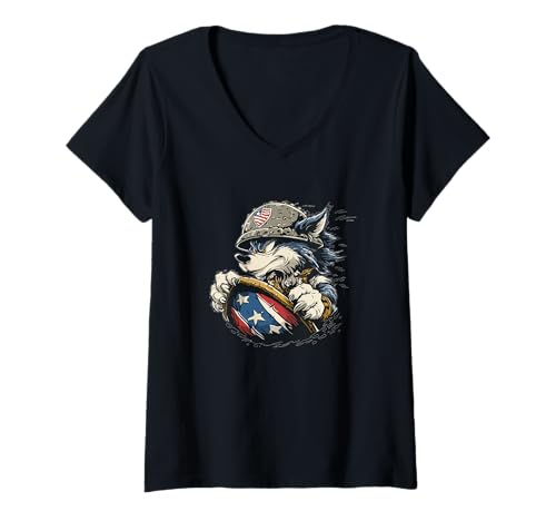 Damen Schöner Cartoon-Wolf für Schild und patriotische Farben T-Shirt mit V-Ausschnitt Damen Schöner Cartoon-Wolf für Schild und patriotische Farben T-Shirt mit V-Ausschnitt von Military Wolf Outfit