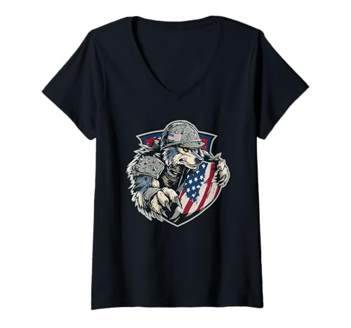Damen USA Schild Kostüm für Wolf und Militär Liebhaber T-Shirt mit V-Ausschnitt Damen USA Schild Kostüm für Wolf und Militär Liebhaber T-Shirt mit V-Ausschnitt von Military Wolf Outfit