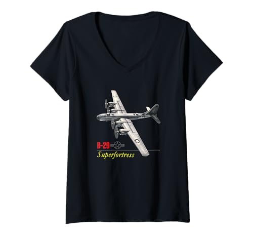 Damen B-29 SuperFortress WW2 Bomber Flugzeug T-Shirt mit V-Ausschnitt Damen B-29 SuperFortress WW2 Bomber Flugzeug T-Shirt mit V-Ausschnitt von Military style aircraft famous