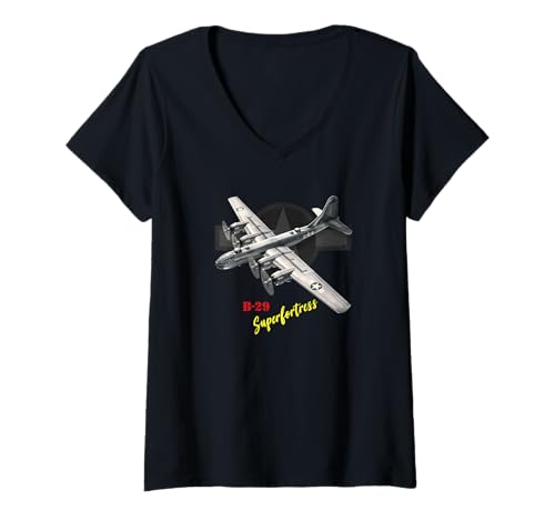Damen B-29 Superfortress WW2 Bomberflugzeug T-Shirt mit V-Ausschnitt Damen B-29 Superfortress WW2 Bomberflugzeug T-Shirt mit V-Ausschnitt von Military style aircraft famous