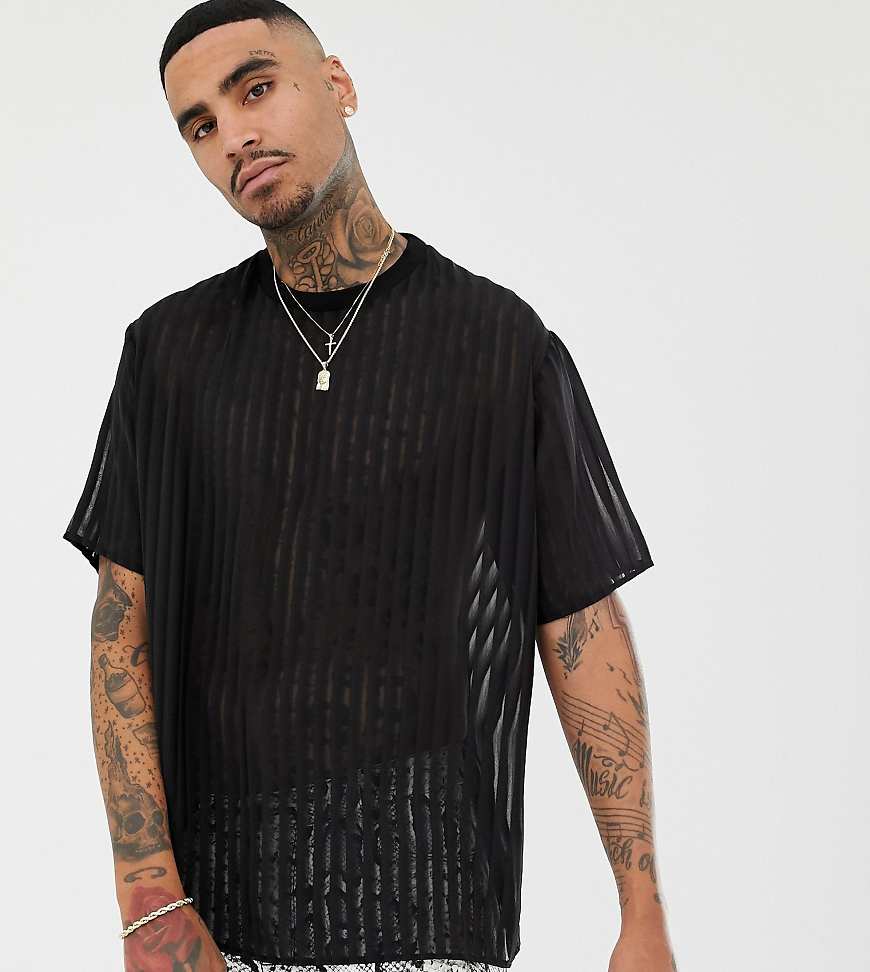 Milk It - Gewebtes Oversize-T-Shirt mit transparenten Streifen in Vintage-Optik-Schwarz von Milk It