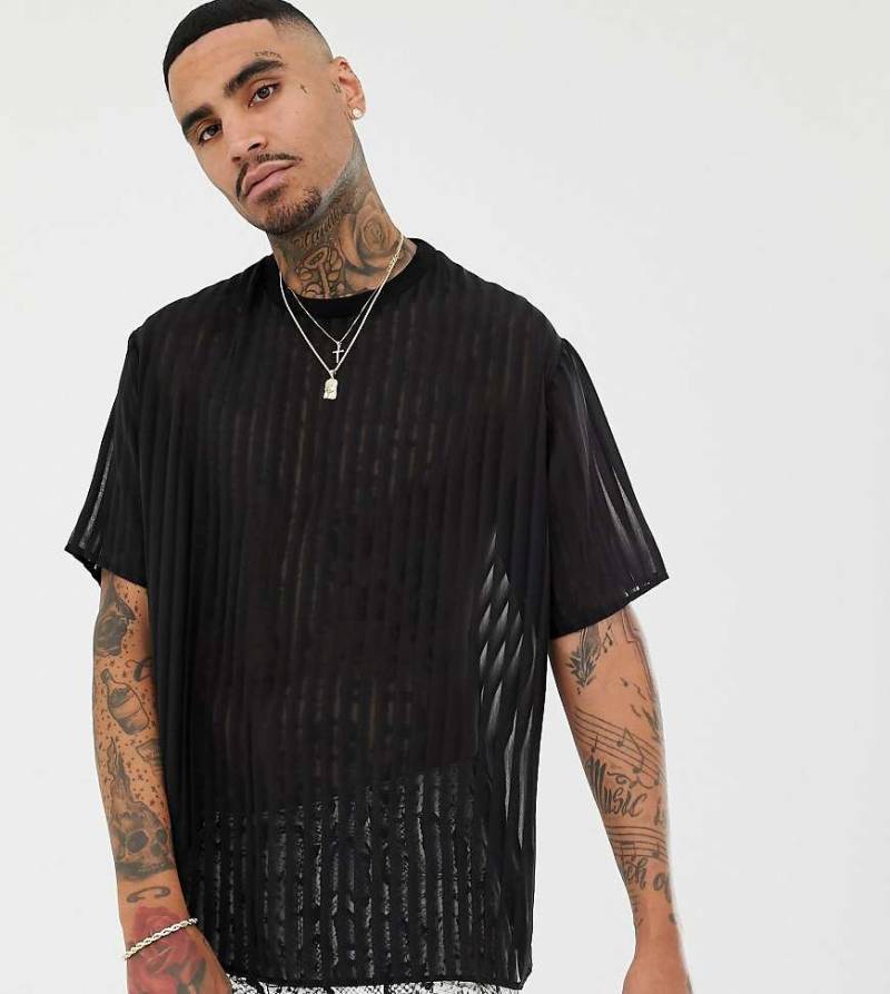 Milk It - Gewebtes Oversize-T-Shirt mit transparenten Streifen in Vintage-Optik-Schwarz von Milk It