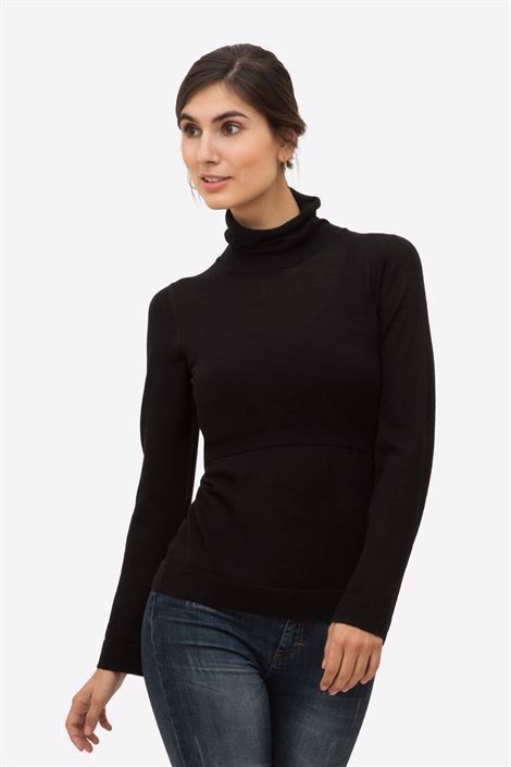 Schwarze Stillbluse aus Merino Wolle mit hohem Hals von Milker