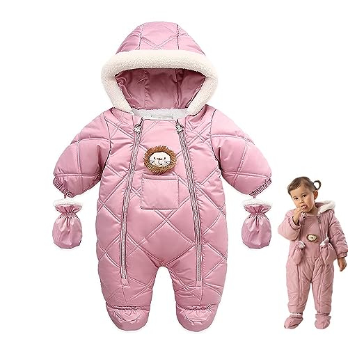 Milkiwai Neugeborenenener, niedlicher, warmer Schneeanzug mit Kapuze und Reißverschluss, Unisex, dicker Baumwoll-Fleece-Wintermantel mit abnehmbaren Handschuhen, rose, 92 von Milkiwai