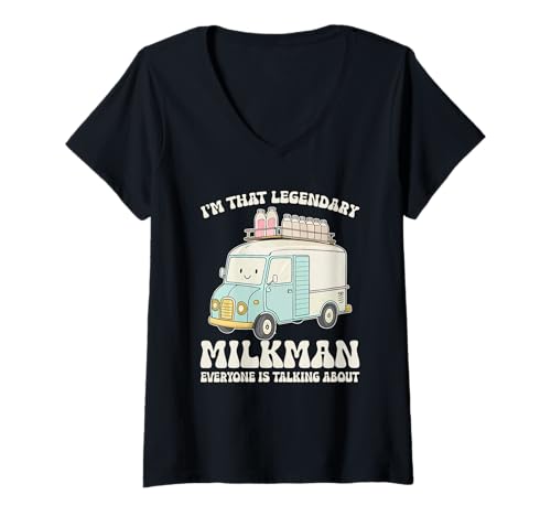Damen Lustiges Milchmann-Kostüm Komödie Beruf Humor Witz T-Shirt mit V-Ausschnitt Damen Lustiges Milchmann-Kostüm Komödie Beruf Humor Witz T-Shirt mit V-Ausschnitt von Milkman Cream Job Funny Pride Jokes