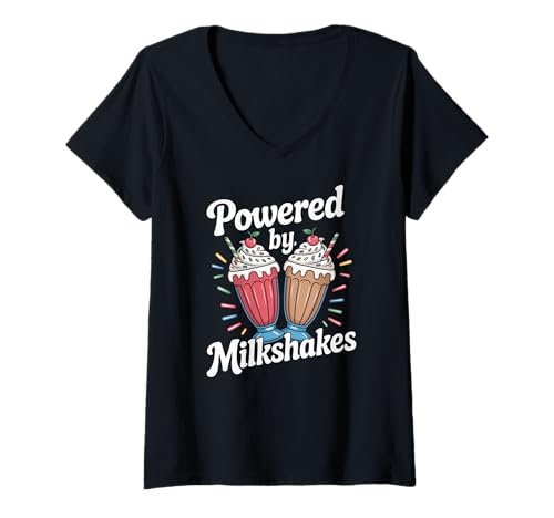 Damen Powered by Milkshakes Buntes lustiges Design T-Shirt mit V-Ausschnitt Damen Powered by Milkshakes Buntes lustiges Design T-Shirt mit V-Ausschnitt von Milkshake Enthusiasts Sweet Treat Lovers