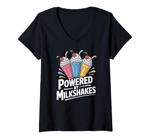 Damen Powered by Milkshakes Skurrile Delightful Fun T-Shirt mit V-Ausschnitt Damen Powered by Milkshakes Skurrile Delightful Fun T-Shirt mit V-Ausschnitt von Milkshake Enthusiasts Sweet Treat Lovers