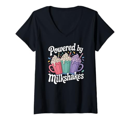 Damen Powered by Milkshakes Buntes lustiges Design T-Shirt mit V-Ausschnitt Damen Powered by Milkshakes Buntes lustiges Design T-Shirt mit V-Ausschnitt von Milkshake Lovers Colorful Fun Mug Design