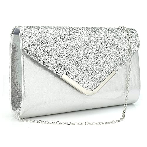 Milchstraße Damen Umschlag Clutch Tasche Pailletten Abend Handtasche Geldbörse mit abnehmbarer Kette Silber von Milky Way