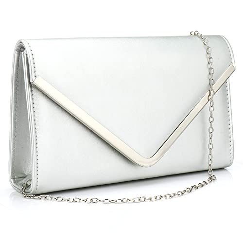Milky Way Damen Abend-Clutches Bag Kunstleder Geldbörsen mit Kette Klappe Umschlag Handtasche für Hochzeit Cocktail Party, silber, One size von Milky Way