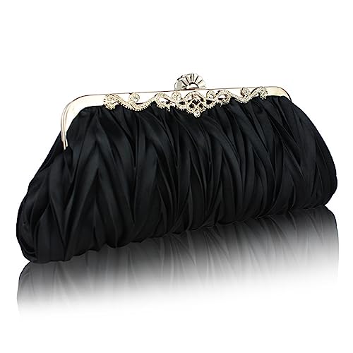 Milky Way Clutch-Tasche für Damen, Satin, plissiert, klein, mit abnehmbarer Kette, elegante Handtaschen für Hochzeit, Braut, Abschlussball, Cocktailparty, Abendtasche, Schwarz von Milky Way