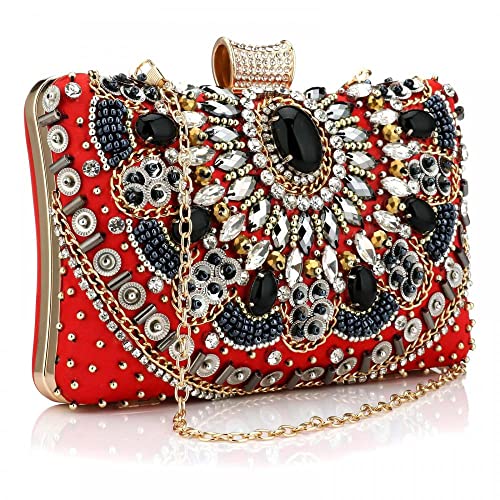 Milky Way Damen-Clutch mit Perlen für Party, Abschlussball, Abend, Hochzeit, Clutch, Handtasche, Schultertasche mit Kettenriemen, rot, Einheitsgröße von Milky Way