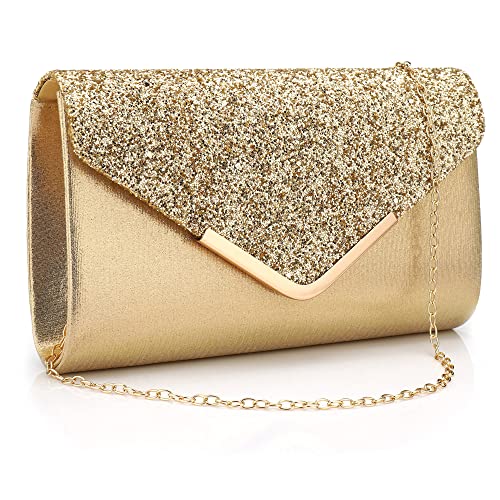 Milky Way Frauen Umschlag Clutch Tasche Pailletten Abend Handtasche Geldbörse mit abnehmbarem Kettenriemen Elegante Glitzer Schultertaschen Hochzeit Braut Abschlussball Party Abendtasche gold One size von Milky Way