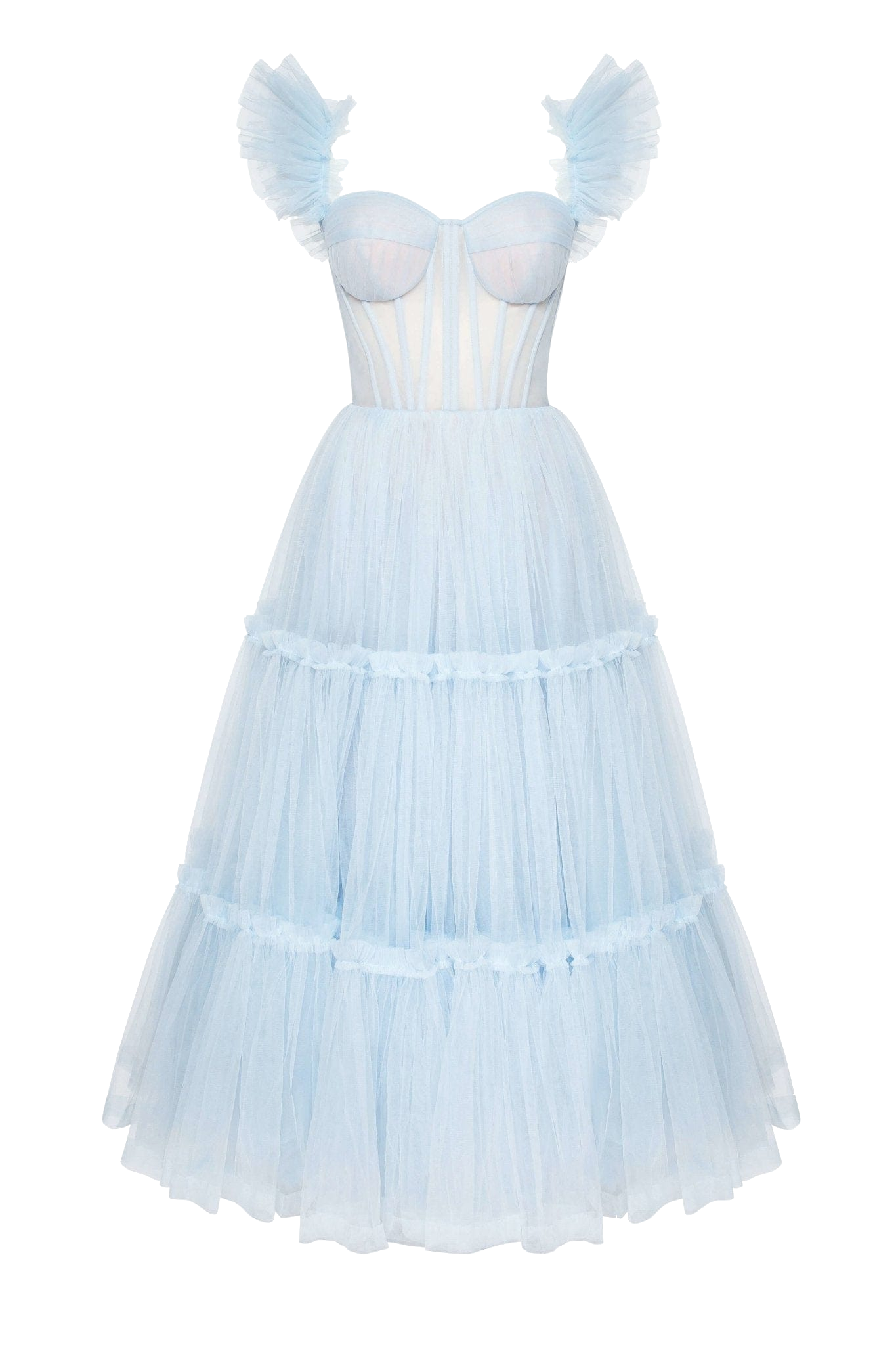 Light Blue Ruffled Tulle Midi Dress von Milla