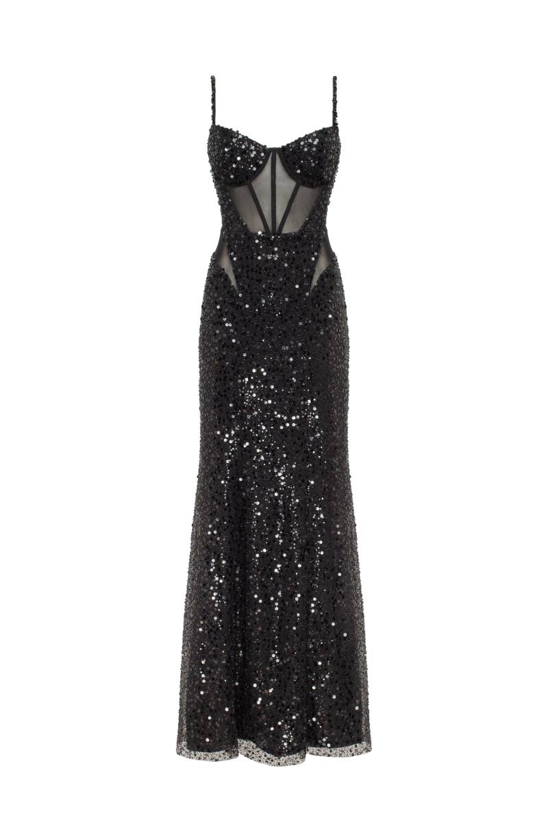 Milla | Sensational black maxi on spaghetti straps covered in sequins, Smoky Quartz | Women's Black Maxi dresses von Milla