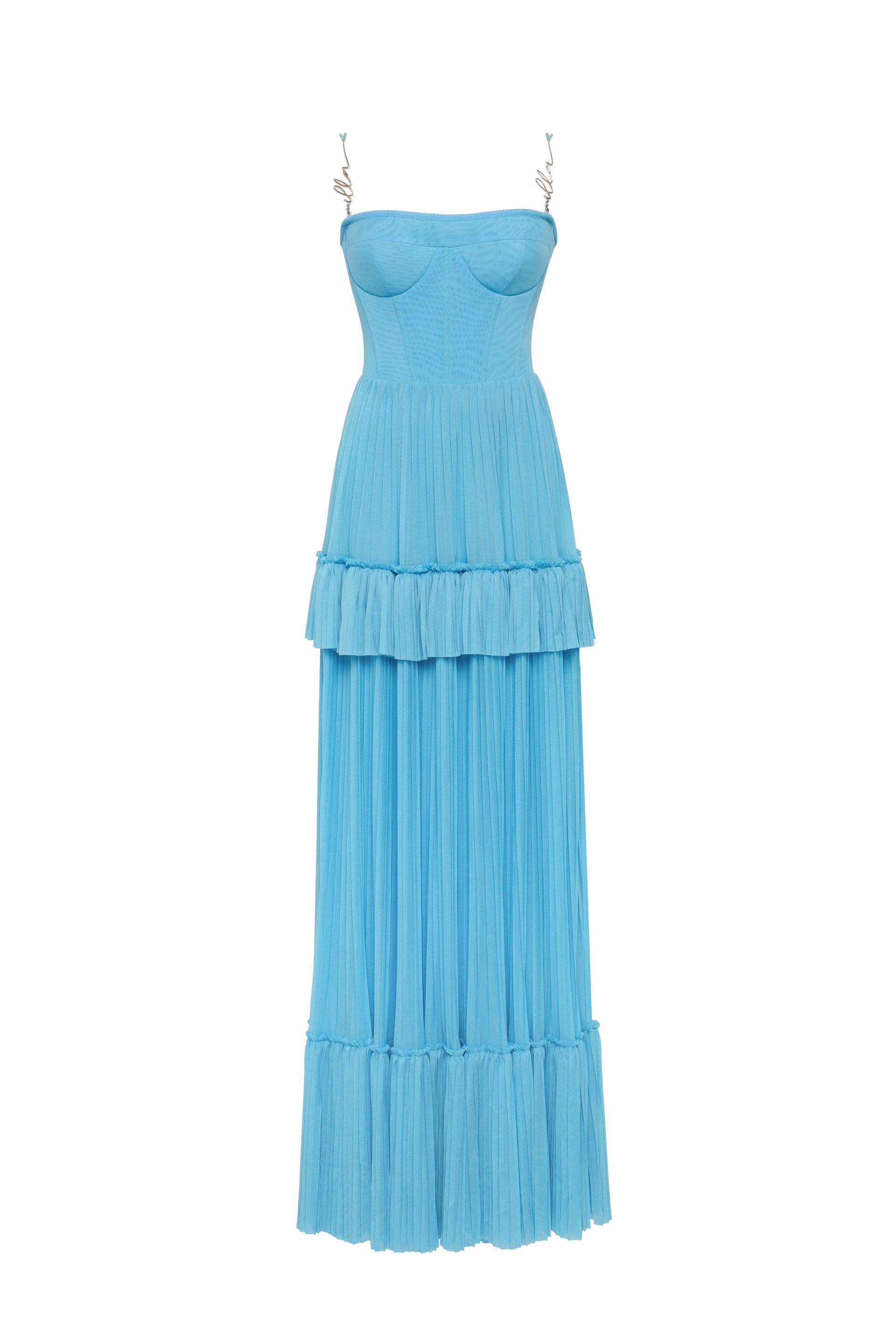 Sky-blue spaghetti strap pleated maxi dress, Garden of Eden von Milla