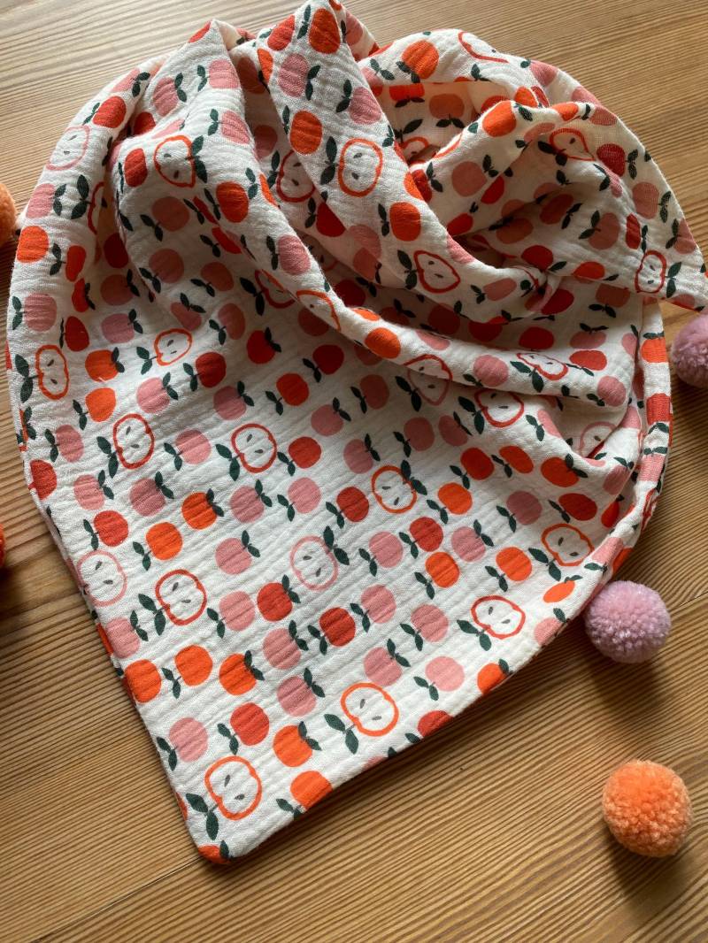 Kinder Halstuch, Musselintuch, Schal, Dreieckstuch Frühling Herbst Winter Lustiges Apfelmotiv Vanille Ton Orange Kuschlig Warm Milla Louise von MillaLouise