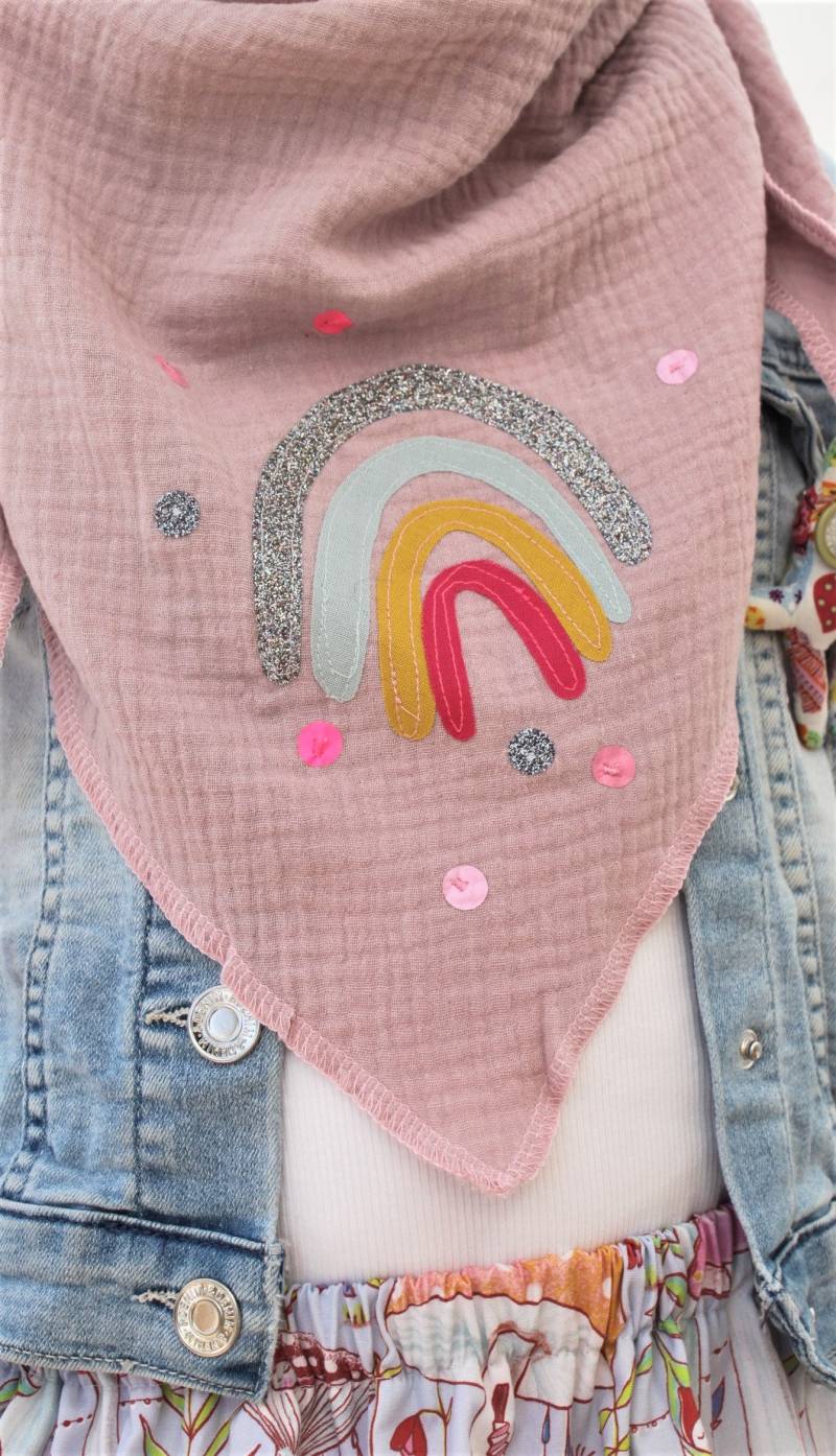 Mädchen Halstuch Musselin, Musselintuch, Musselinschal, Tuch Regenbogen, Regenbogentuch, Konfetti, Glitzer, Musselin Mint, Kinderschal Rosa von MillaLouise