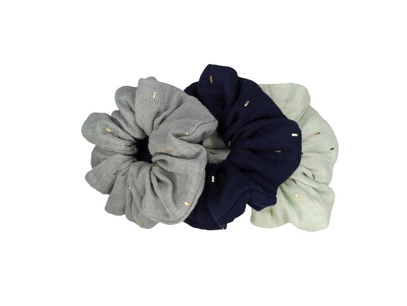 Musselin Scrunchie Hellgrau Mint Navy Blau Golden Stripes von MillasNaehzauberei