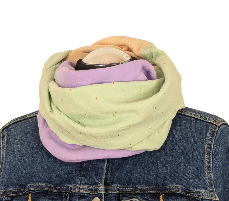 Musselinloop Loopschal Loop Mint Mit Goldenen Stichpunkten, Flieder Und Sand von MillasNaehzauberei