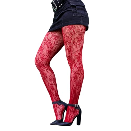 Millennials In Motion Strumpfhose mit Netzmuster, Rot/Blumenmuster, Einheitsgr��e von Millennials In Motion
