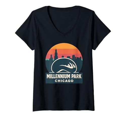 Damen Millennium Park Chicago Hemd, Vintage-Bohne, Skyline T-Shirt mit V-Ausschnitt Damen Millennium Park Chicago Hemd, Vintage-Bohne, Skyline T-Shirt mit V-Ausschnitt von Millennium Park Chicago Tee Shirts for Tourists