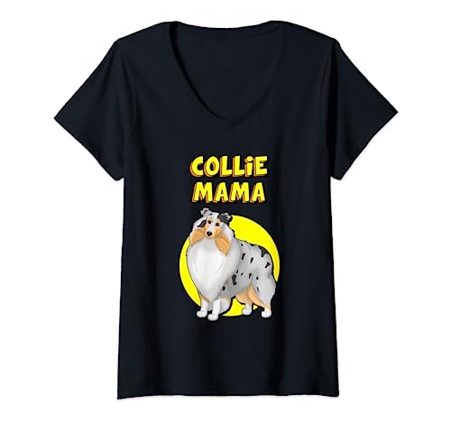 Damen Collie Mama Blue Merle Rough Collie Hundemutter, Weiß/Hellbraun T-Shirt mit V-Ausschnitt von Miller Sye