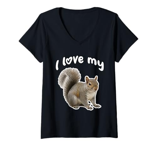 Damen I Love My Squirrel - Eastern Grey T-Shirt mit V-Ausschnitt von Miller Sye