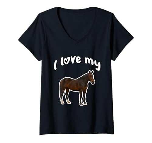 Damen Ich Liebe Mein Pferd T-Shirt mit V-Ausschnitt von Miller Sye