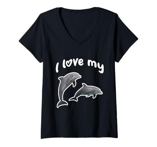 Damen Ich Liebe Meine Delfine T-Shirt mit V-Ausschnitt von Miller Sye