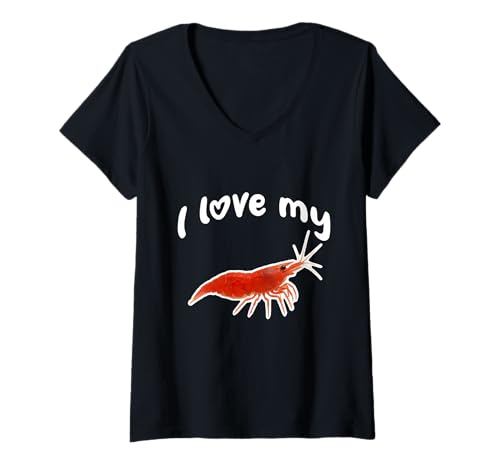 Damen Ich Liebe Meine roten Kirschgarnelen T-Shirt mit V-Ausschnitt von Miller Sye