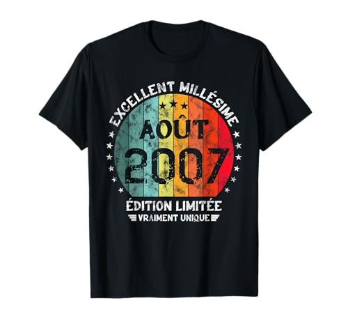 18 Jahre Ausgezeichneter Jahrgang August 2007 für Jungen Mädchen T-Shirt 18 Jahre Ausgezeichneter Jahrgang August 2007 für Jungen Mädchen T-Shirt von Millésime 2007 18 Ans Anniversaire Fille et Garçon