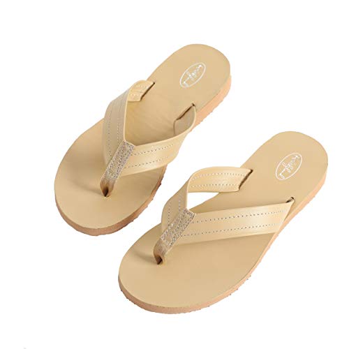 Millffy Damen-Flip-Flops, bequeme Strandschuhe, Leder, flach, bequem, lässig, dünne Riemen, Hellbraun, 9-10 von Millffy