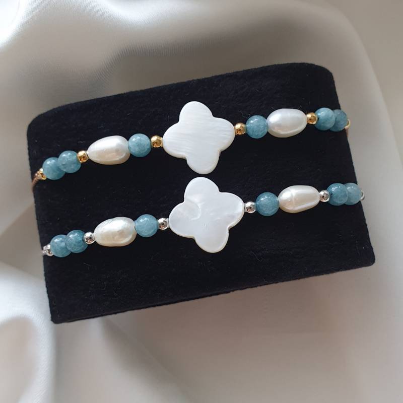 Aquamarin/Naturperlen Perlmutt Fußkettchen Echter Edelstein Anklet Talisman Des Familienlebens Energie Schmuck Glücksbringer von Milliarte