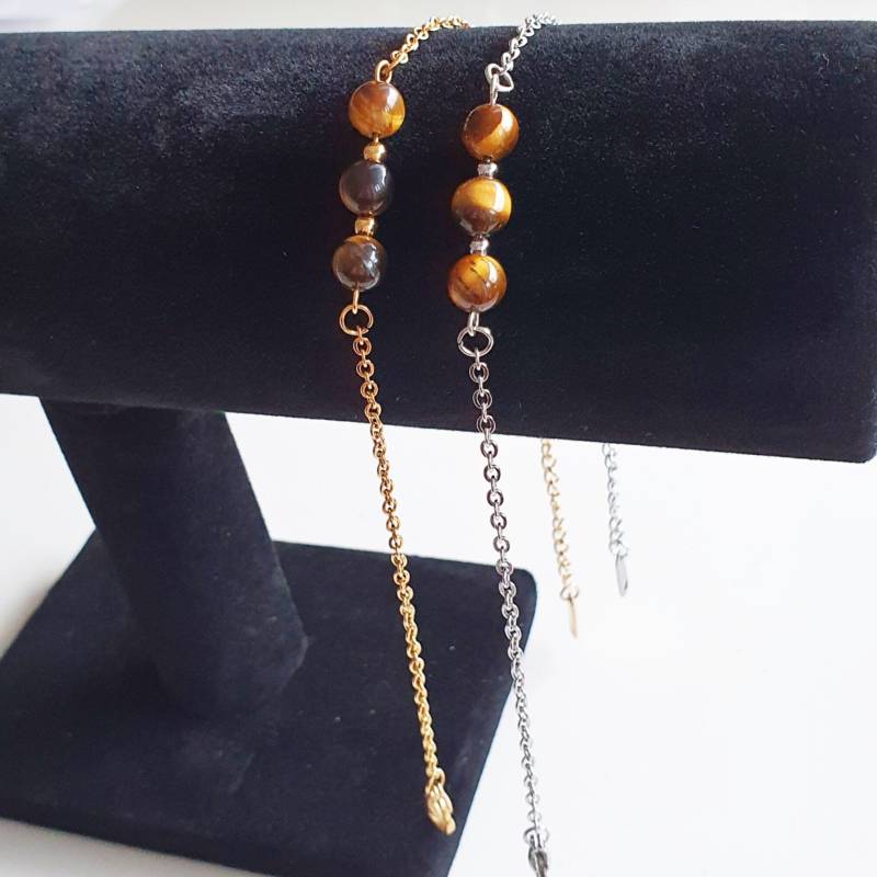 Tigerauge Fußkettchen Naturstein 18K Vergoldete Edelstahl Kette Schutzstein Energiearmband Glücksarmband Talisman Amulett Glücksbringer von Milliarte