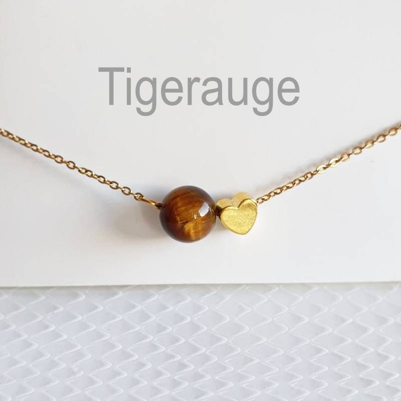 Tigerauge Halskette Naturstein Kugel +18K Vergoldete Oder Silberfarbene Edelstahlkette Mit Herz Charm Anhänger Talisman Glücksbringer Zart von Milliarte