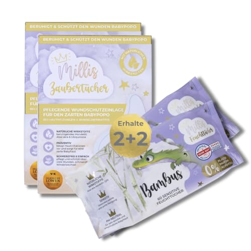 Millis Starterset - 2x25 Zaubertücher + 2x60 Feuchttücher - Sanfte Pflege für empfindliche Babyhaut - Ideal bei Windeldermatitis - Ohne reizende Zusätze - Für den Wickeltisch und unterwegs von Millis