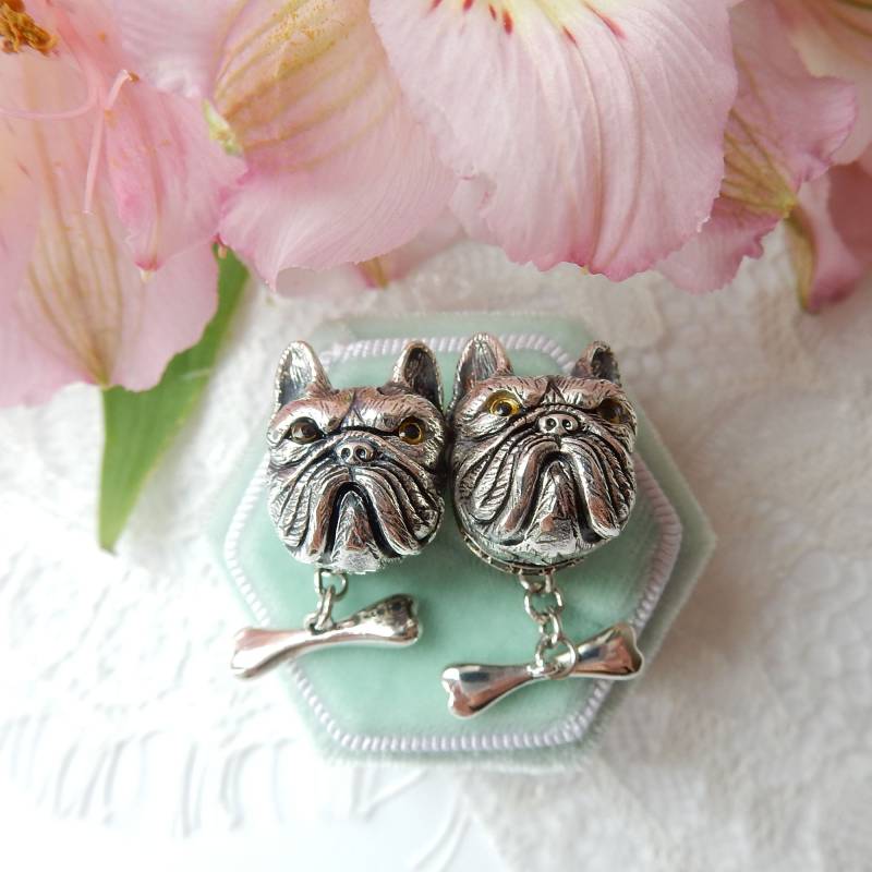 Smaragd Französisch Bulldogge Hund Manschettenknöpfe Herren Schmuck Sterling Silber Mai Birthstone von MillysMarvelsVintage