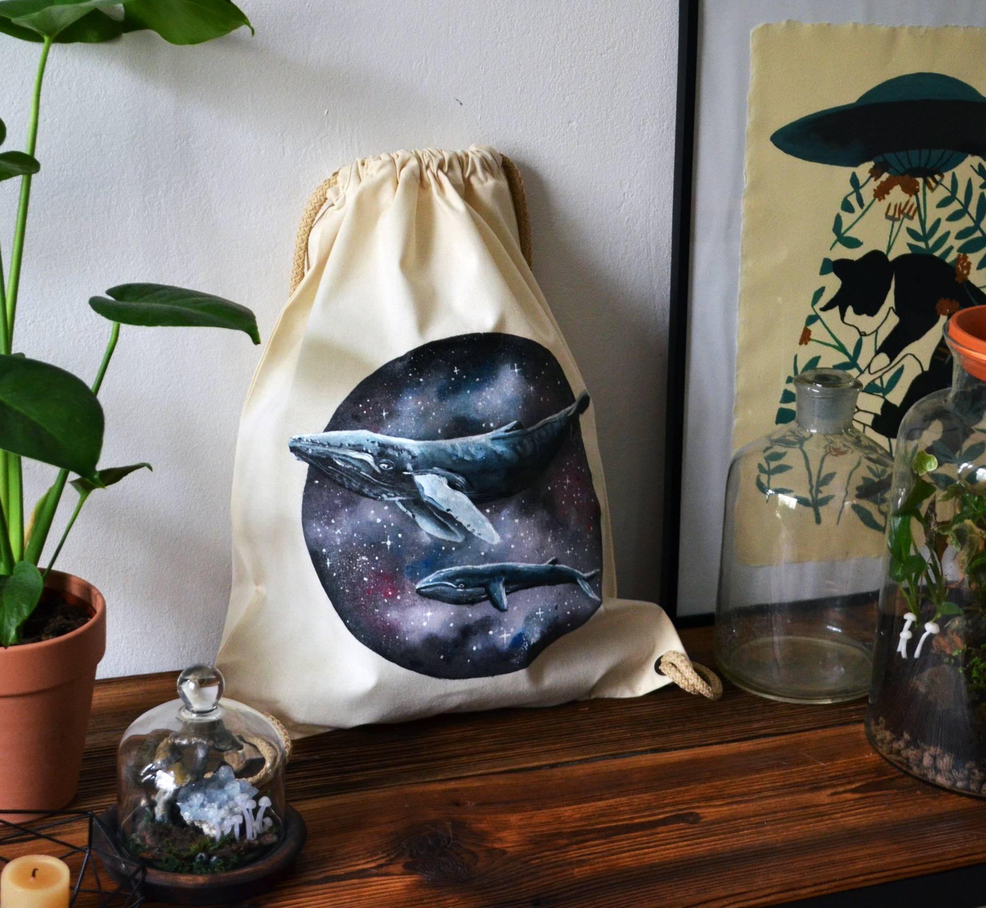 Wal Illustration - Handbemalter Baumwoll-Öko-Rucksack Handgefertigt Von Milo Künstlergeschenk Originalgemälde Wal Illustration - Handbemalter Baumwoll-Öko-Rucksack Handgefertigt Von Milo Künstlergeschenk Originalgemälde von MiloThings