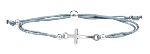 Milosa Armband Grau mit Silber Kreuz | Konfirmations-Armband mit größenverstellbarem Textil-Band, Geschenk für Kinder zur Kommunion oder Konfirmation, handgemachtes Kreuz-Kettchen von Milosa