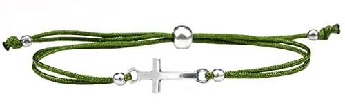 Milosa Armband Grün mit Silber Kreuz | Konfirmations-Armband mit größenverstellbarem Textil-Band, Geschenk für Kinder zur Firmung, Kommunion oder Erstkommunion, handgemachtes Kreuz-Armband von Milosa